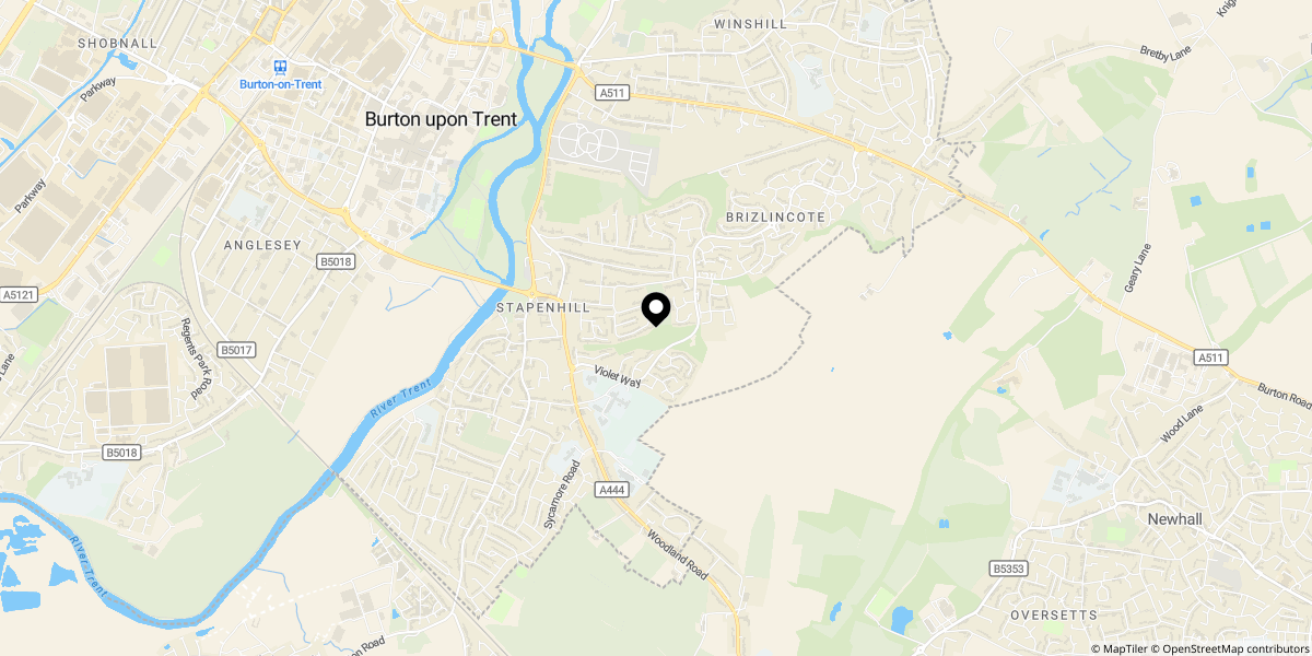 Approximate location of Woods Close, Burton-on-Trent, DE15 9BY